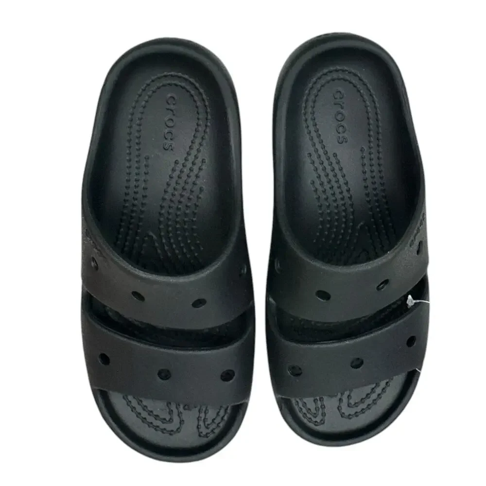 Crocs Classic Sandal Kids J2 Black Two-Strap Slide Sandal 209421-001 NWT